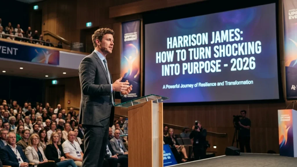 create real type of image for the “Harrison James: How to Turn Shocking Pain Into Purpose - 2026" and make them on 1200x675 px