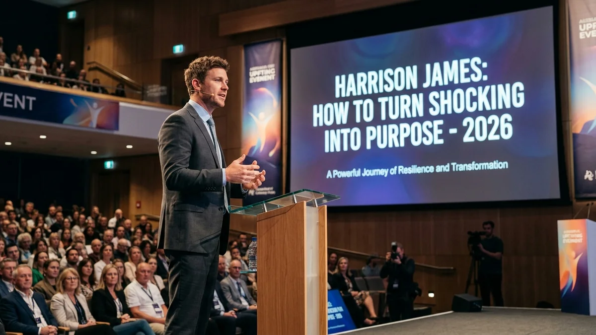 create real type of image for the “Harrison James: How to Turn Shocking Pain Into Purpose - 2026" and make them on 1200x675 px